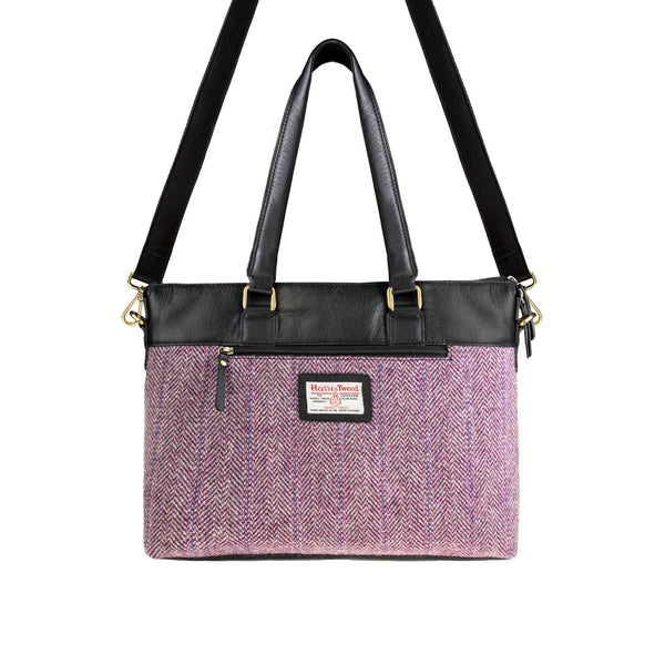 Ht Leather Ladies Hand Bag Plum Herringbone / Black