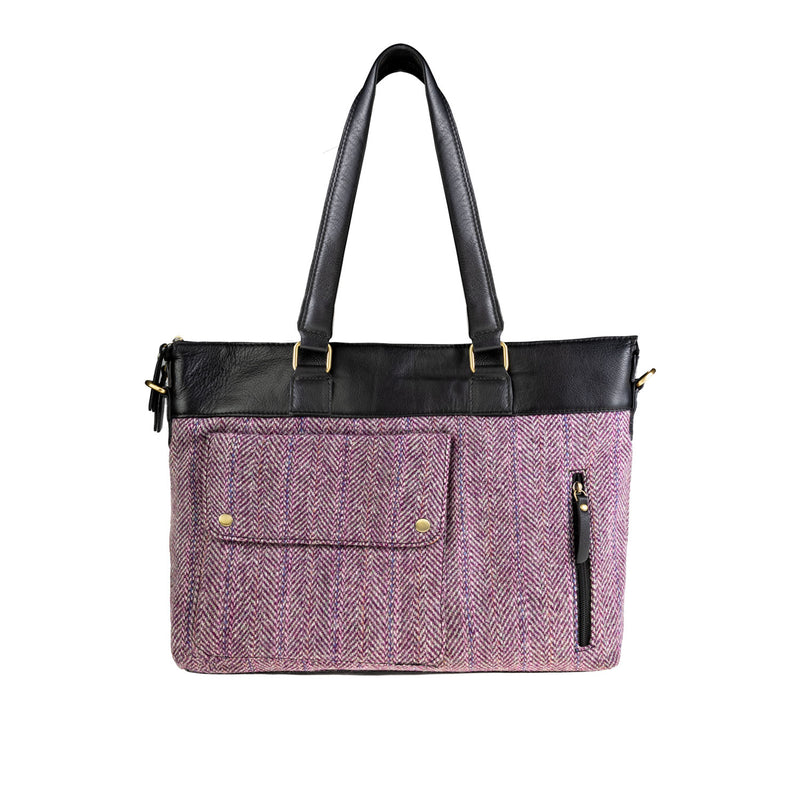 Ht Leather Ladies Hand Bag Plum Herringbone / Black