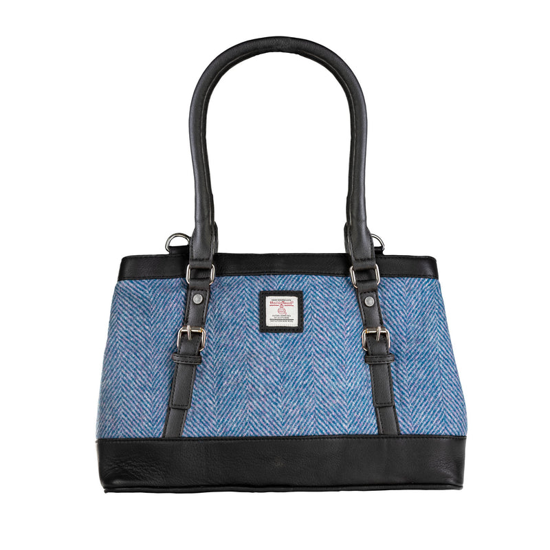 Ladies Ht Leather Hand Bag Blue & Pink Herringbone / Black