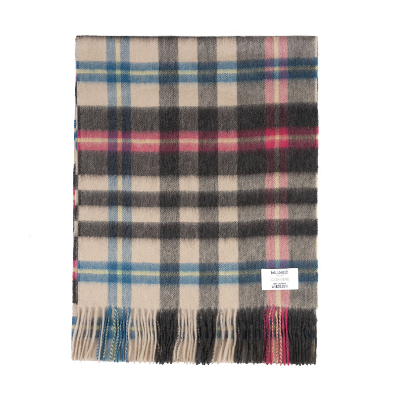 100% Cashmere Wide Tartan Scarf Mile Check - Pearl/Pewter