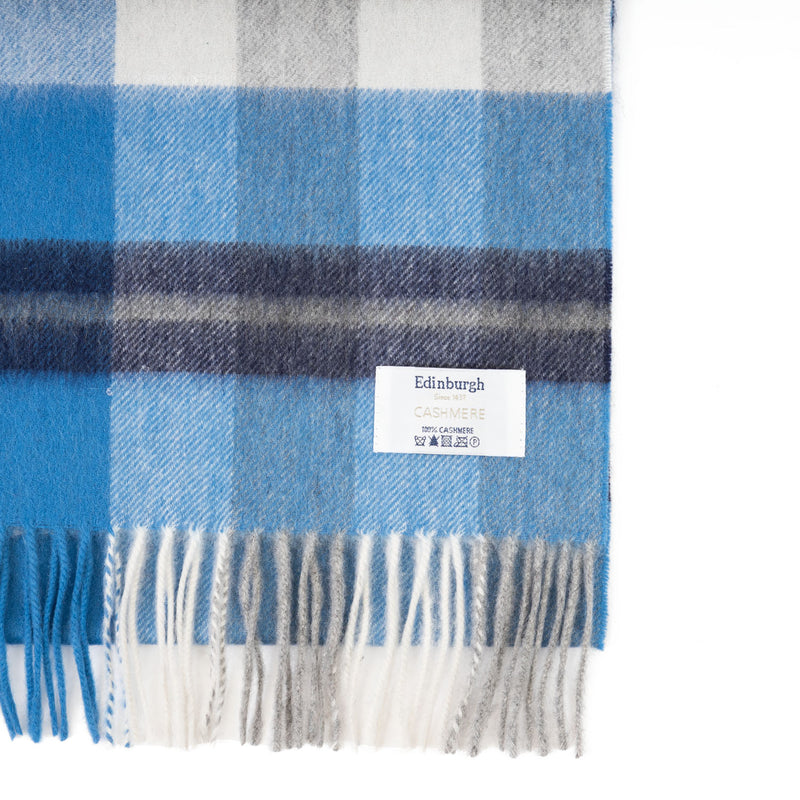 100% Cashmere Wide Tartan Scarf Scots Check ÔÇô Kintyre Blue/Pewter