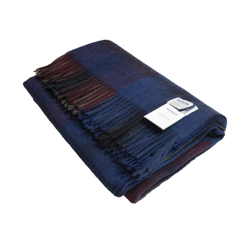 100% Lambswool Blanket Graded Block Check Indigo Blue