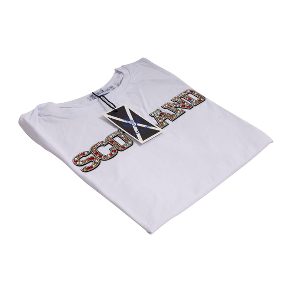 Ladies Diamante Scotland T-Shirt White