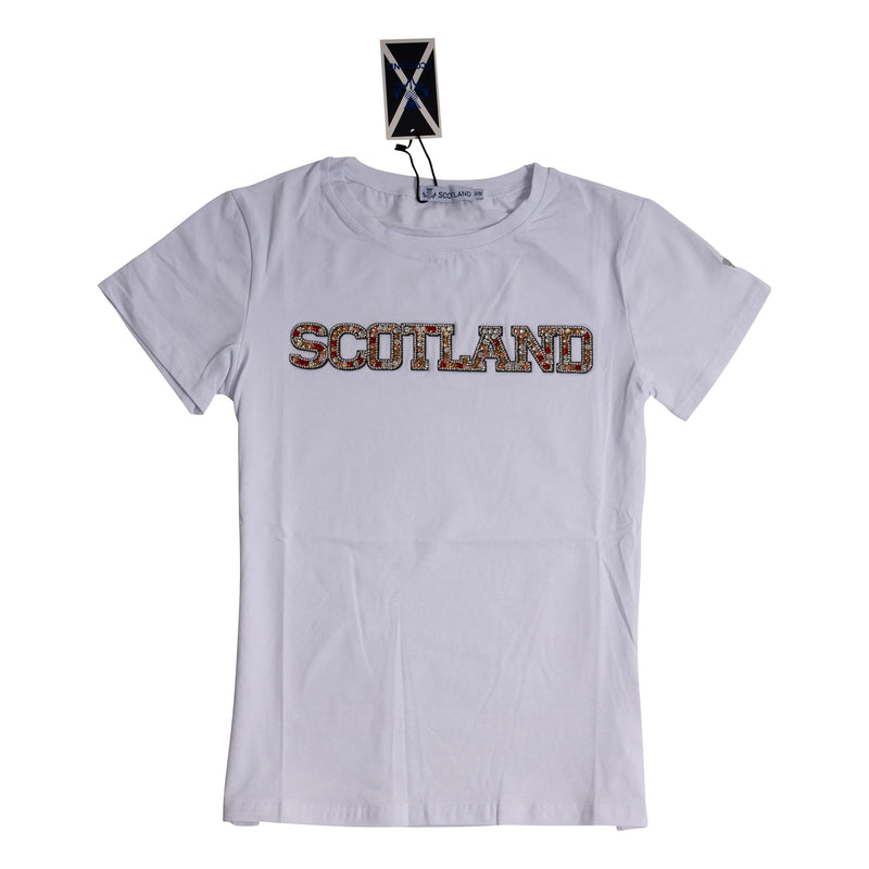 Ladies Diamante Scotland T-Shirt White