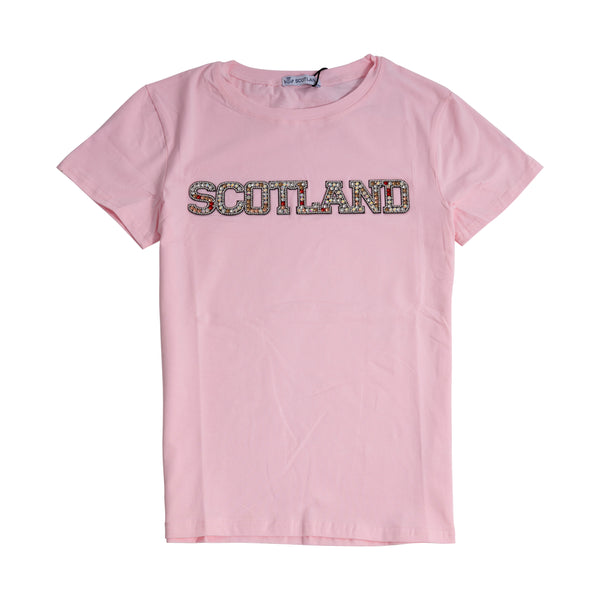 Ladies Diamante Scotland T-Shirt Pink