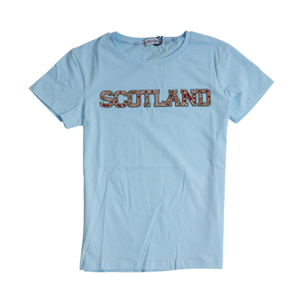 Ladies Diamante Scotland T-Shirt Sky