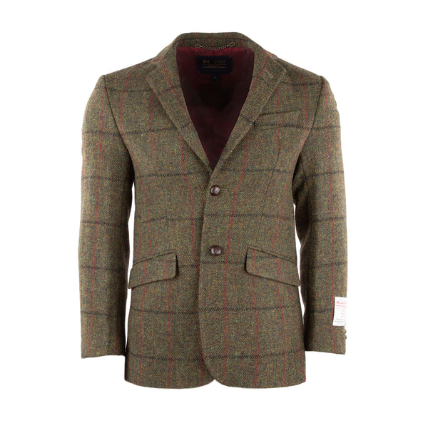 Harris Tweed Men's Wool Jacket - Barra Green Red Tartan