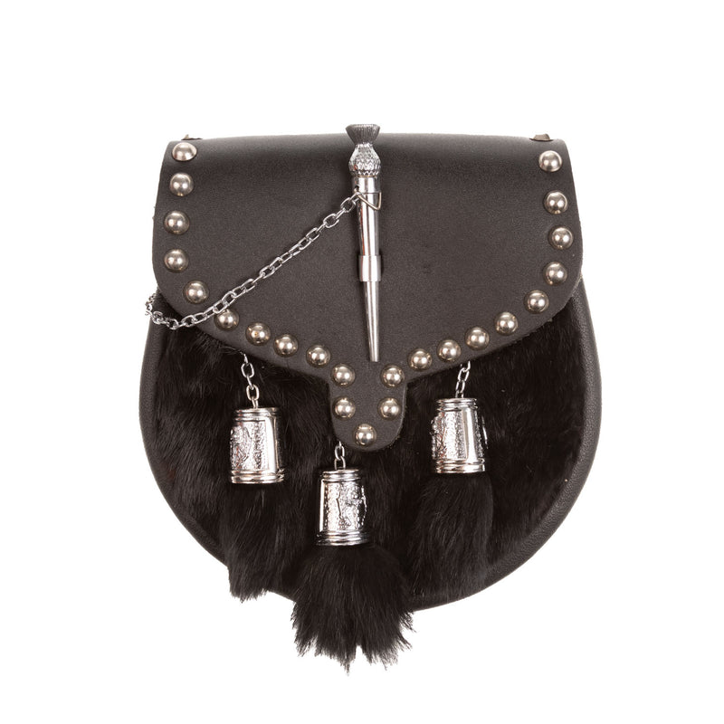 H/D Studded Pin & Chain Sporran Rabbit Fur (Black)