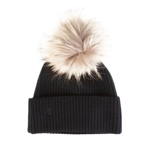 100% Cashmere Ladies Rib Hat With Pom Xl Black/Natural Pom