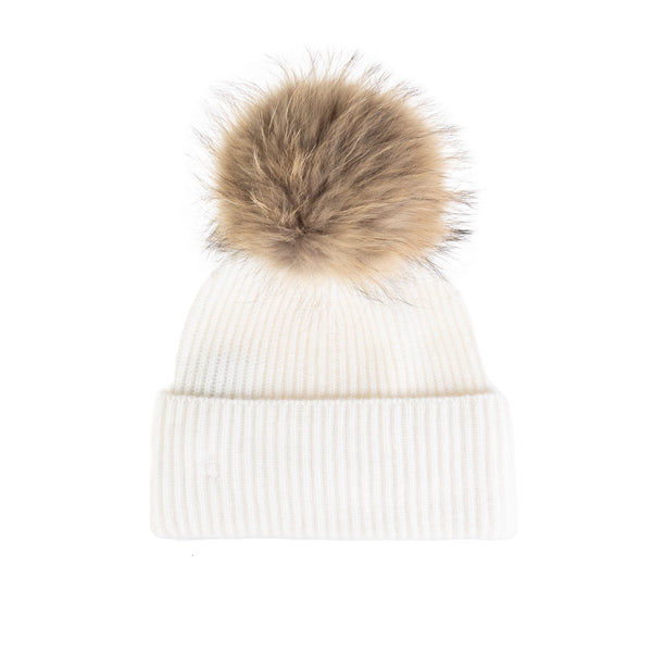 100% Cashmere Ladies Rib Hat With Pom Xl Cloud Dancer/Natural Pom