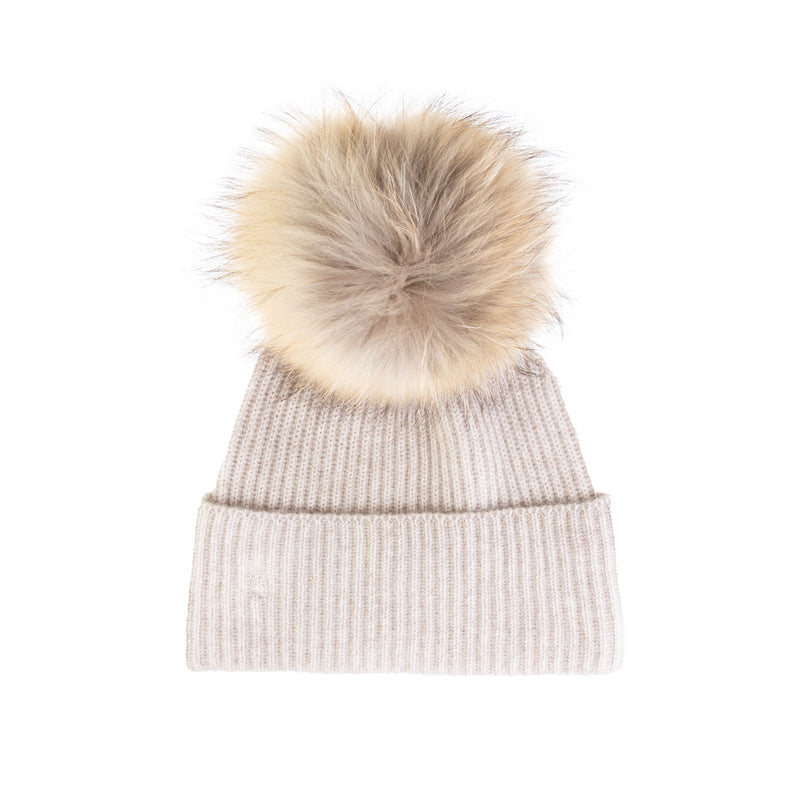 100% Cashmere Ladies Rib Hat With Pom Xl Lightweight Beige/Natural Pom