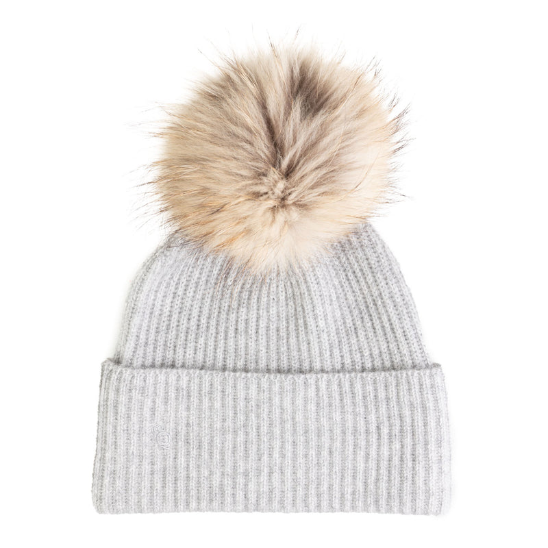 100% Cashmere Ladies Rib Hat With Pom Xl Silver Clay/Natural Pom