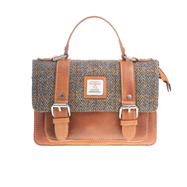 Harris Tweed Medium Satchel Bag Blue & Brown Check Hb / Tan