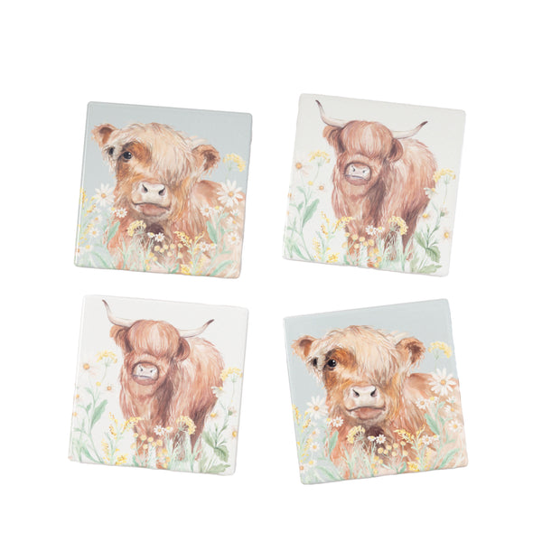 Highland Cow Floral Coaster Set Of 4