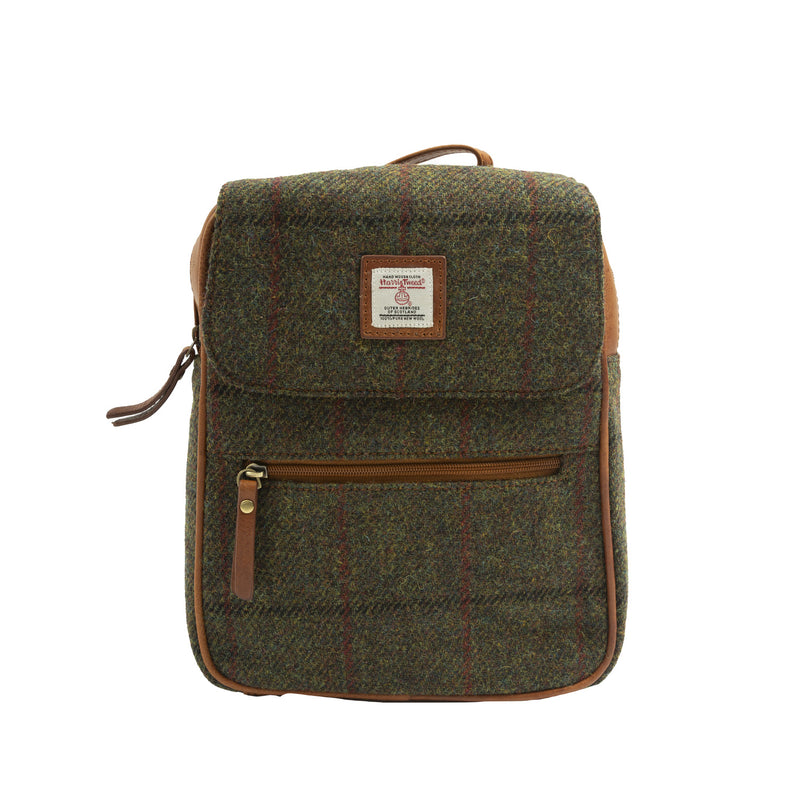 Ladies Ht Leather Foldover Backpack Dark Green Check / Tan