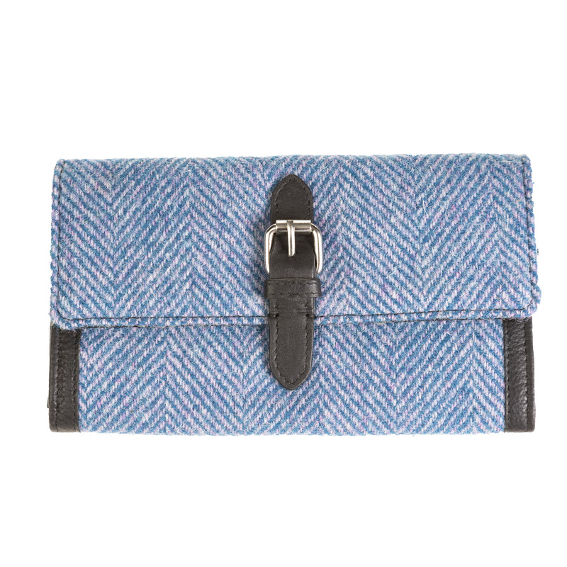 Ladies Ht Leather Long Purse Blue & Pink Herringbone / Black