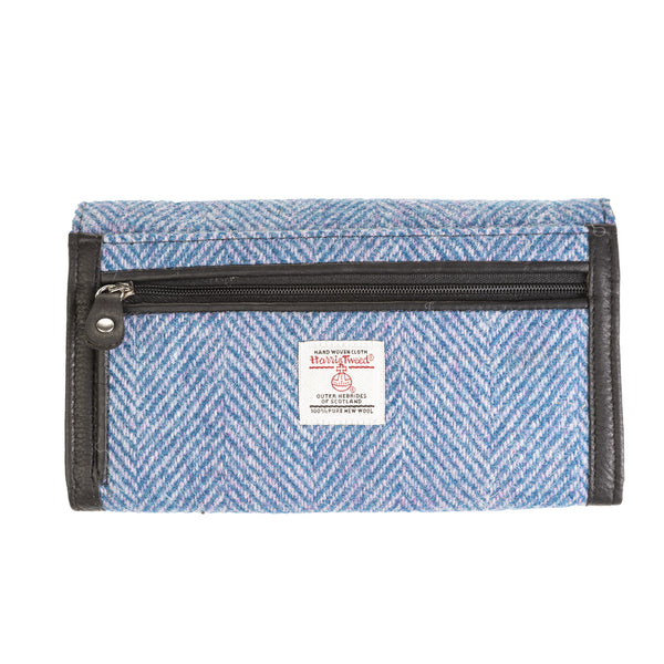 Ladies Ht Leather Long Purse Blue & Pink Herringbone / Black