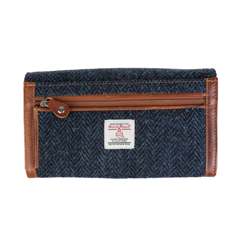 Ladies Ht Leather Long Purse Navy Blue Herringbone / Tan