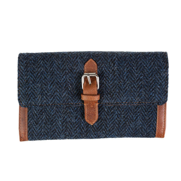 Ladies Ht Leather Long Purse Navy Blue Herringbone / Tan