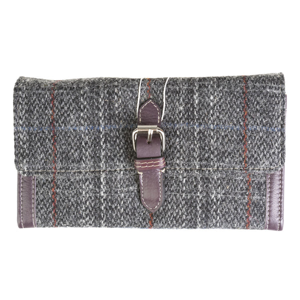 Ladies Ht Leather Long Purse Grey & Red Check / Maroon