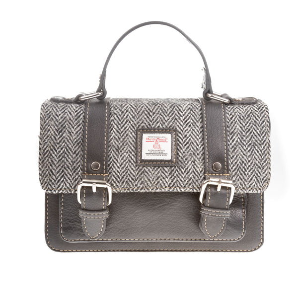 Harris Tweed Medium Satchel Bag Black & White Herringbone / Black