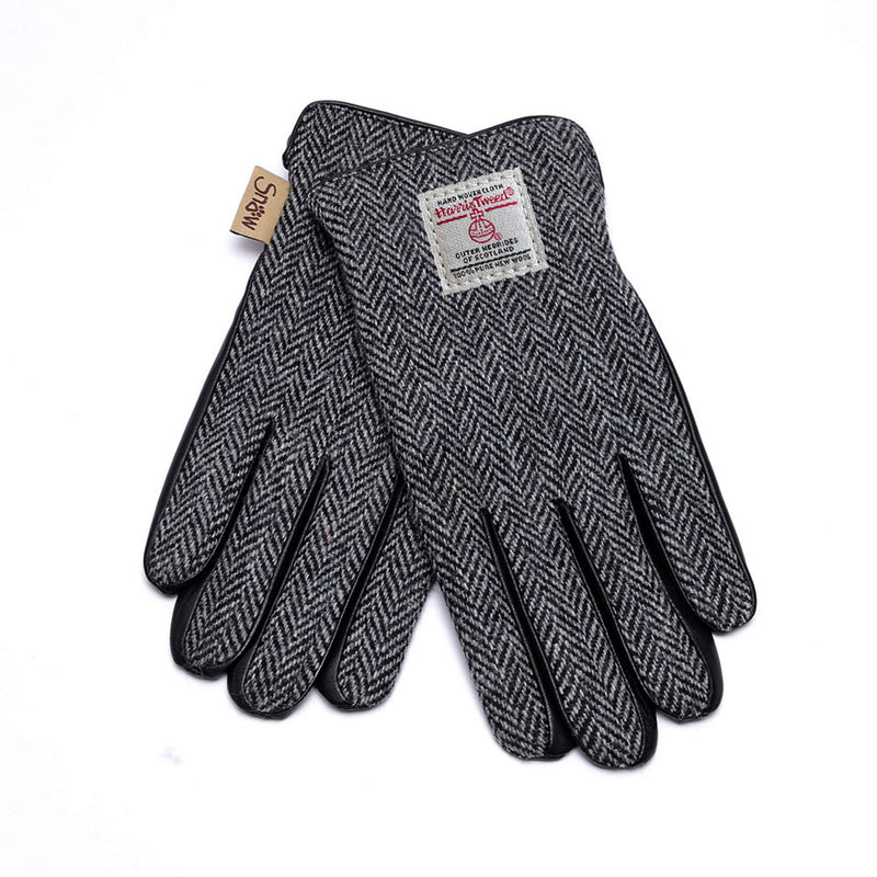 Ladies Harris Tweed Gloves Black Grey Herringbone