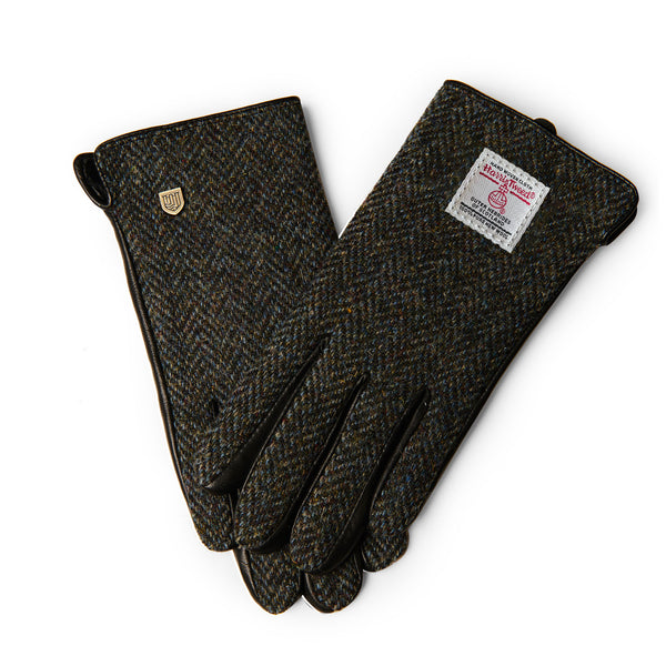 Men Touch Screen Leather Gloves Black Grey Herringbone