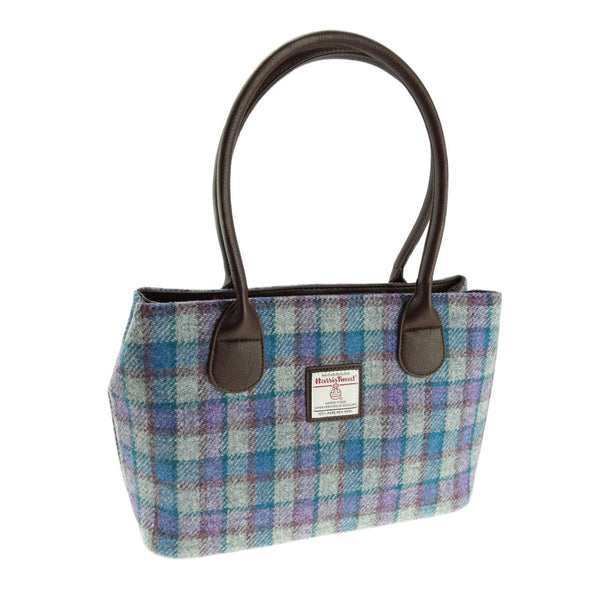 Harris Tweed Ladies Handbag - Classic Blue/Purple Check On Grey