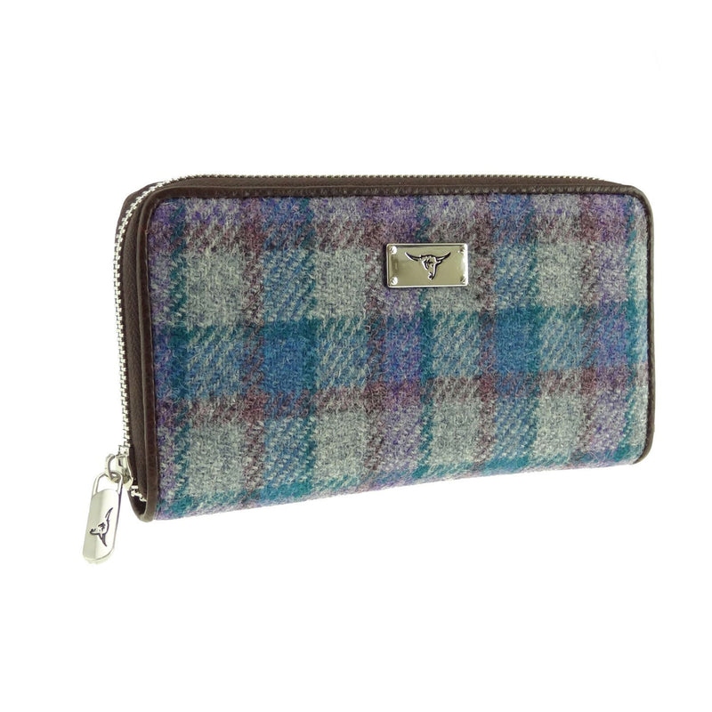 Harris Tweed Long Zip Purse-Staffa Blue/Purple Check On Grey