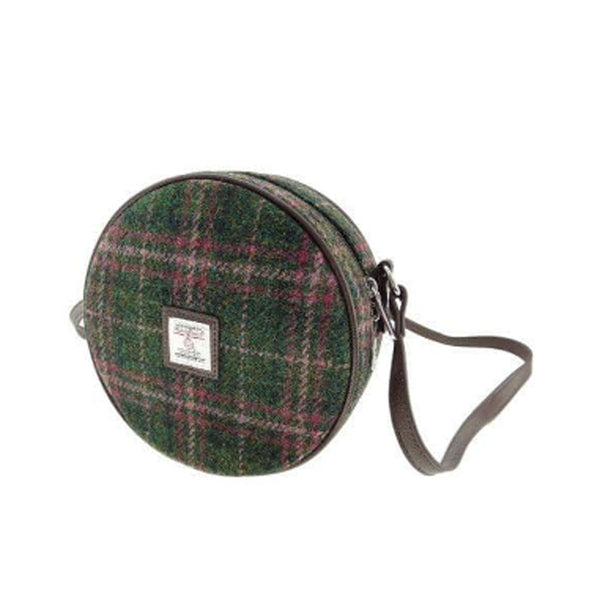 Harris Tweed Round Bag Bannock Dark Green And Plum Check