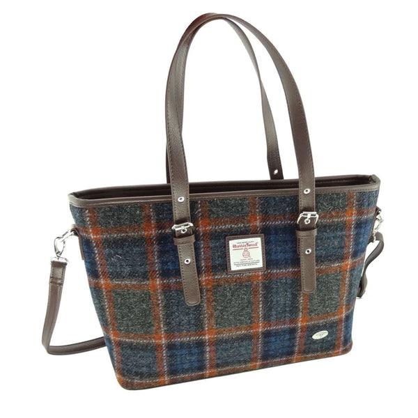 Spey Harris Tweed Tote Bag Grey / Rust Overcheck