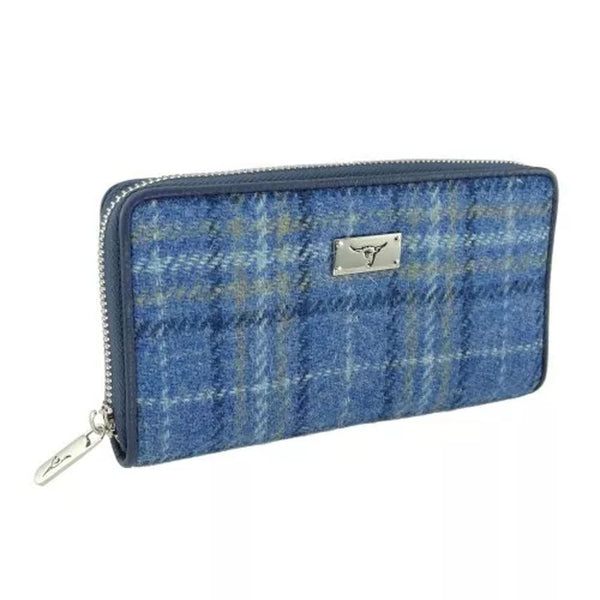 Harris Tweed Long Zip Purse - Staffa Light Blue Check