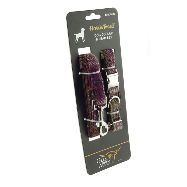 Harris Tweed Dog Collar And Lead Set Heather Check