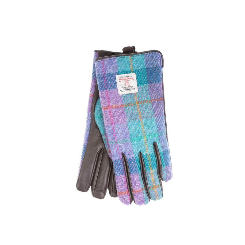 Ladies Brown Leather & Tweed Gloves Green & Purple Check