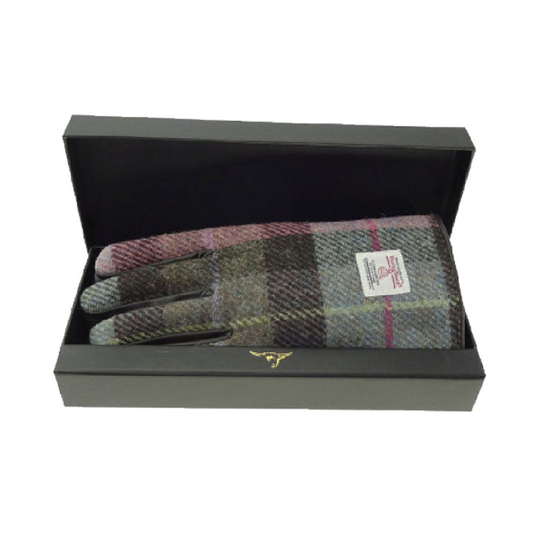 Ladies Brown Leather & Tweed Gloves Muted Green & Rose Pink Tartan