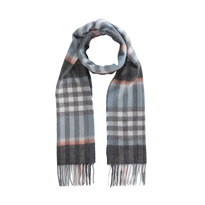 Edinburgh 100% Lambswool Tartan Scarf Chequer Orange Grey L Blue (24534)