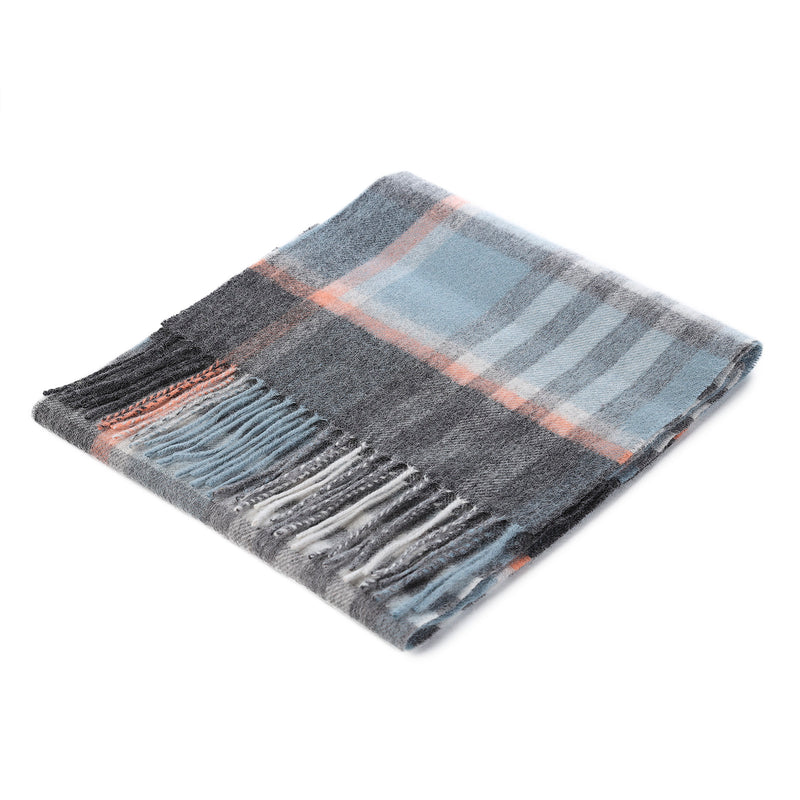 Edinburgh 100% Lambswool Tartan Scarf Chequer Orange Grey L Blue (24534)