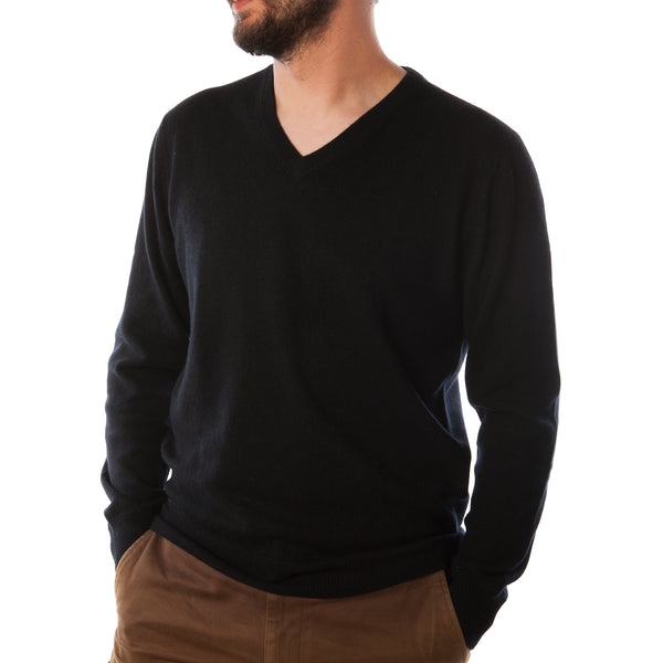 100% Cashmere V Neck Plain Men's Jumper Black