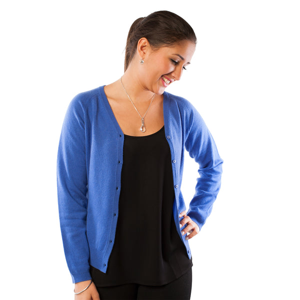 100% Cashmere Ladies V Neck Cardigan Cornflower