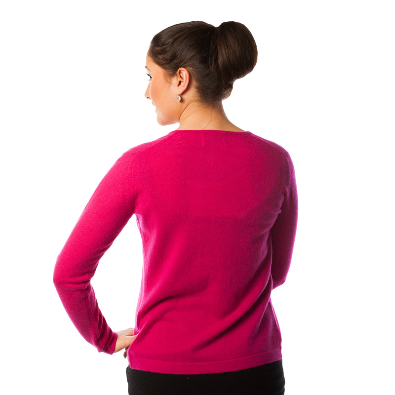 100% Cashmere Women's Crew Neck Cardigan Fuchsia