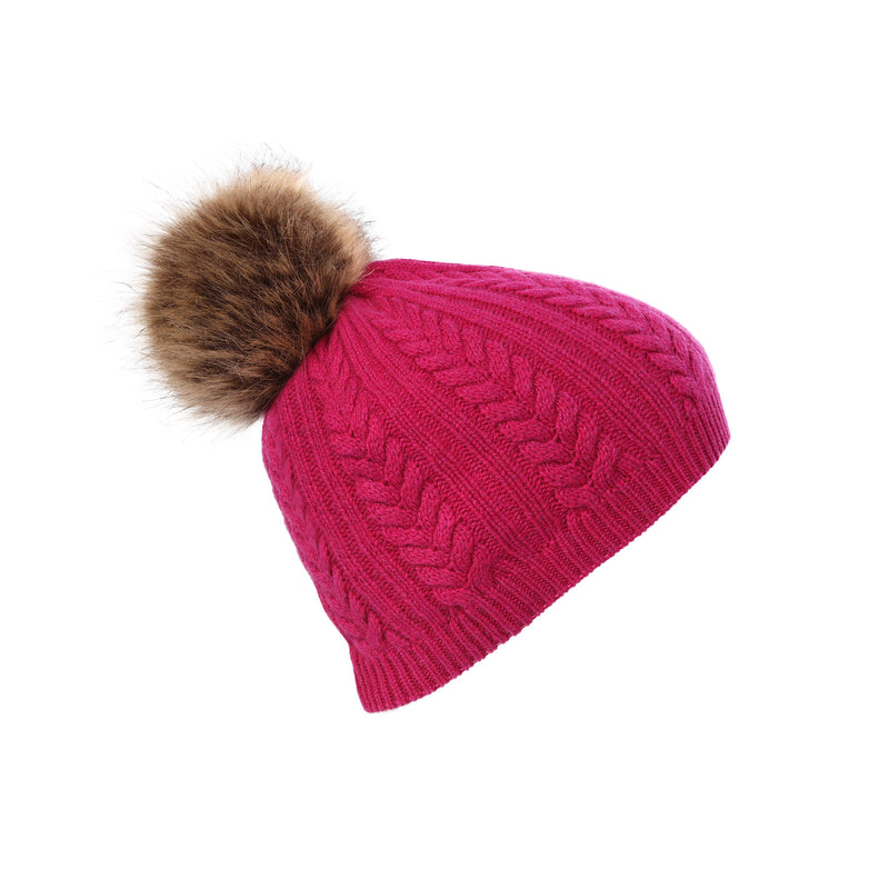 100% Cashmere Ladies Cable Rib Beanie Fuchsia