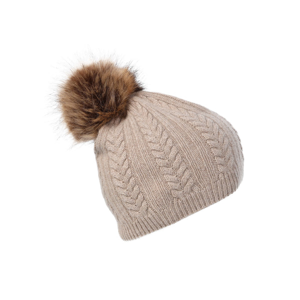 100% Cashmere Ladies Cable Rib Beanie Sand Beige