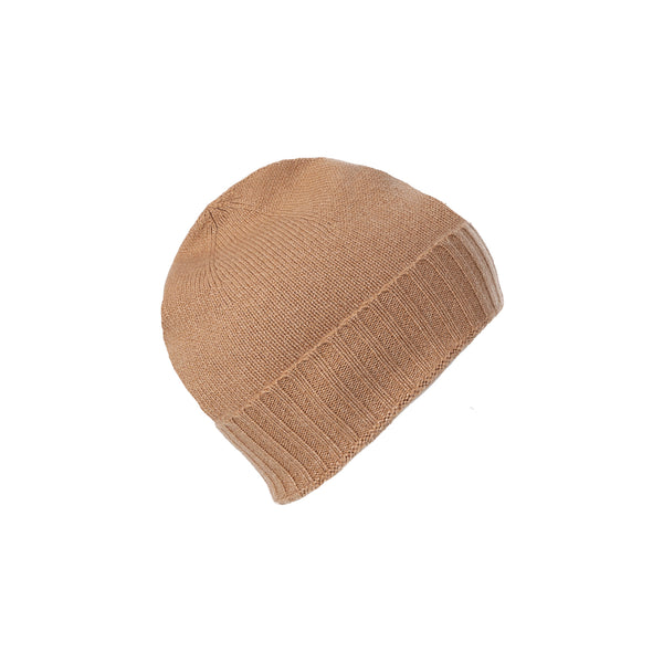 Plain Knit Ladies Beanie Rib Turn Up Camel