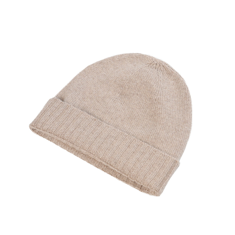 Plain Knit Ladies Beanie Rib Turn Up Sand Beige