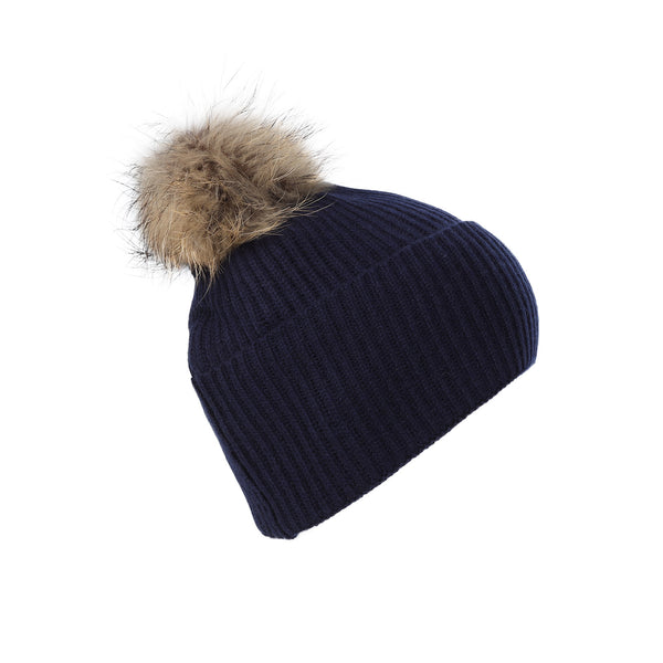 Luxury Rib Deep Turn Up Ladies Beaniepom Navy