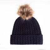 Ladies Cable Lambswool Mix Beanie Pom Navy