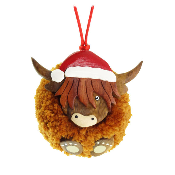 Wooden Cow Pom Pom Christmas Ornament