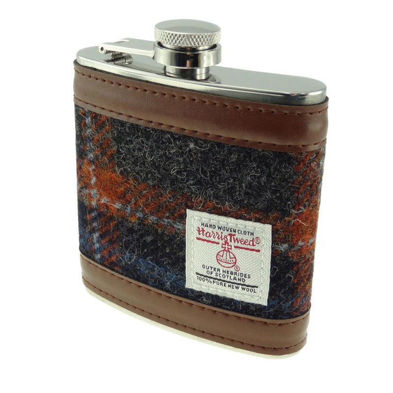 Harris Tweed Hip Flask Grey / Rust Overcheck