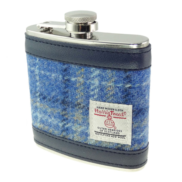 Harris Tweed Hip Flask Light Blue Check