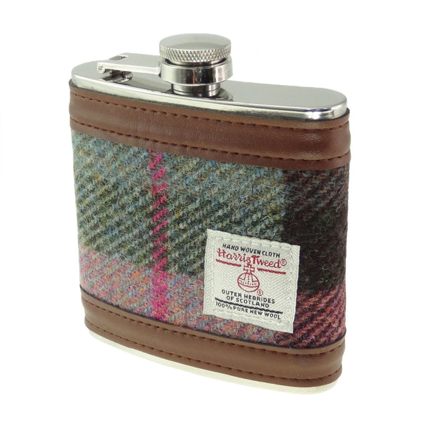 Harris Tweed Hip Flask Muted Green & Rose Pink Tartan